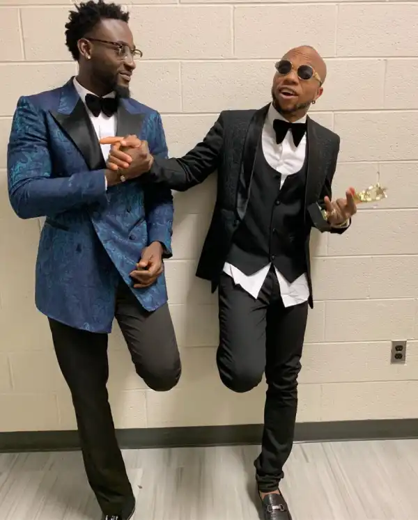 Charles Okocha Strikes A Pose With Gbenro Ajibade As He Wins Comedy Act Award